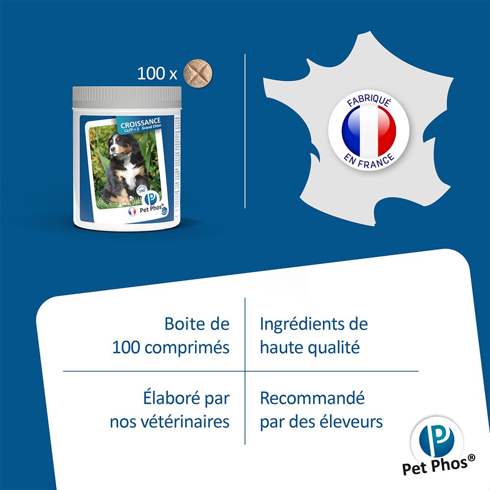 Pot de 100 comprimés. Texte : « Boîte de 100 comprimés ». Fabriqué en France. Marque Pet Phos.