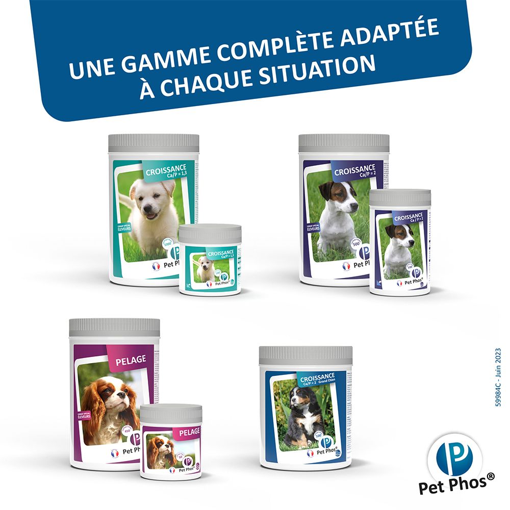 Différents pots. Texte : « Une gamme complète adaptée à chaque situation ». Marque Pet Phos.