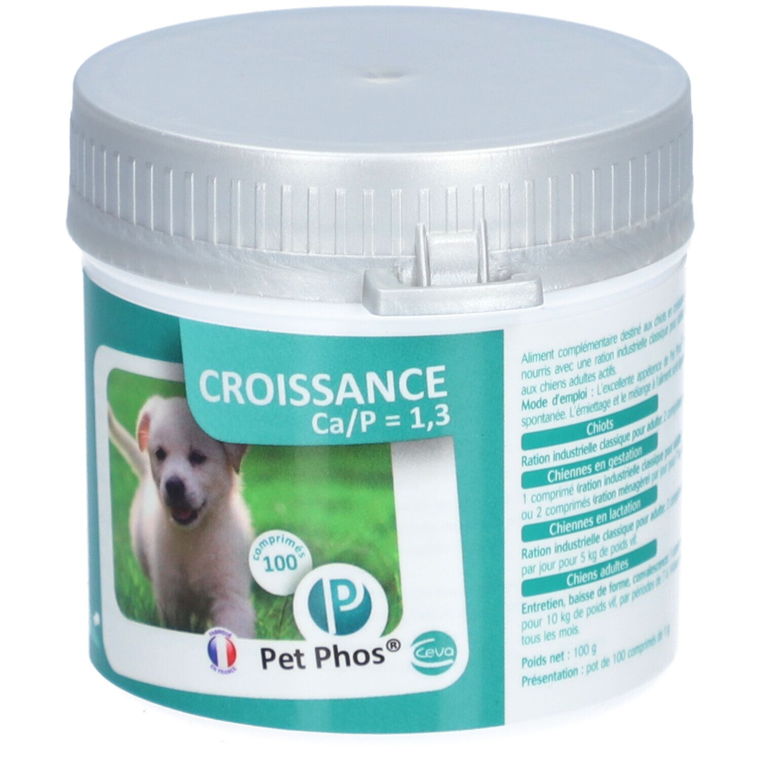 Boîte blanche, couvercle argenté. Étiquette : chiot, texte Croissance Ca/P = 1,3, Pet Phos, 100 comprimés.