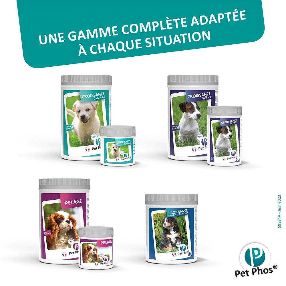 Verschiedene Pet Phos Wachstum Ca/P=1,3 Produkte. Text: Une gamme complète adaptée à chaque situation. Logo Pet Phos.
