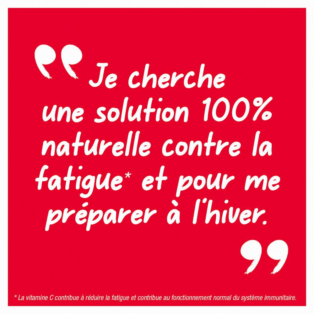 Bulle de dialogue rouge avec texte. Texte: Je cherche une solution naturelle contre la fatigue.