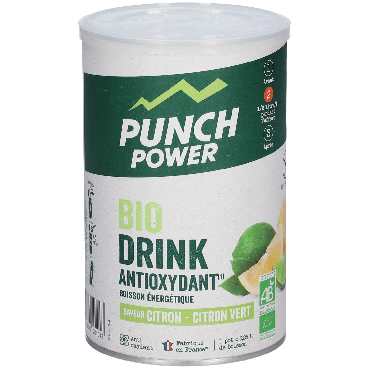 Boîte PUNCH POWER Bio Drink Citron-Vert, 500g. Avec tranches de citron et de citron vert.