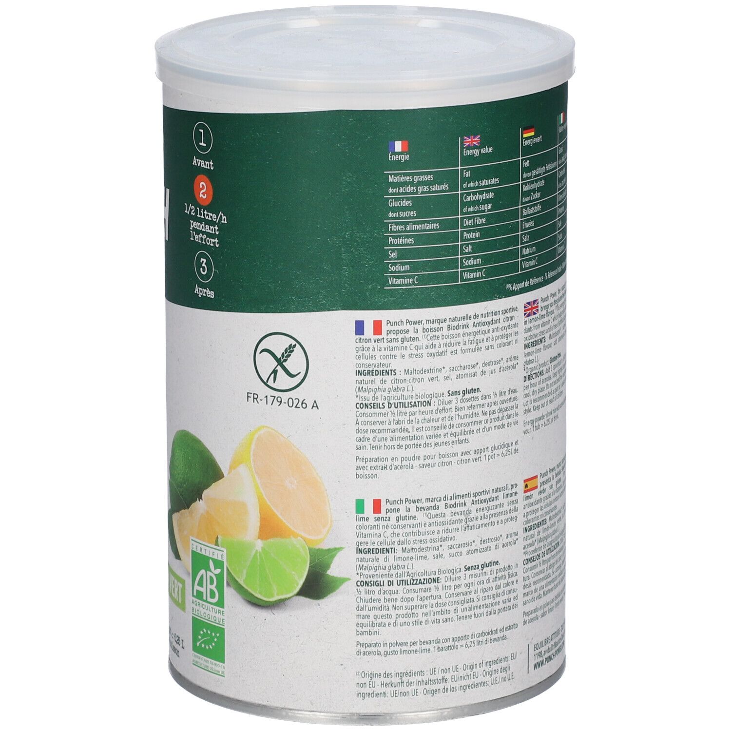 Boîte PUNCH POWER Bio Drink Citron-Vert, 500g. Avec tranches de citron et de citron vert et label Bio.