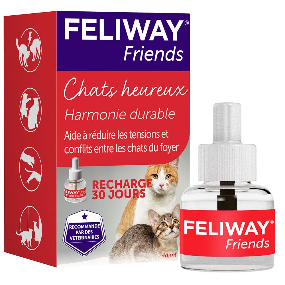 Produktverpackung mit FELIWAY Friends. Enthält eine Nachfüllflasche und eine Box. Text: Chats heureux, Recharge 30 jours.