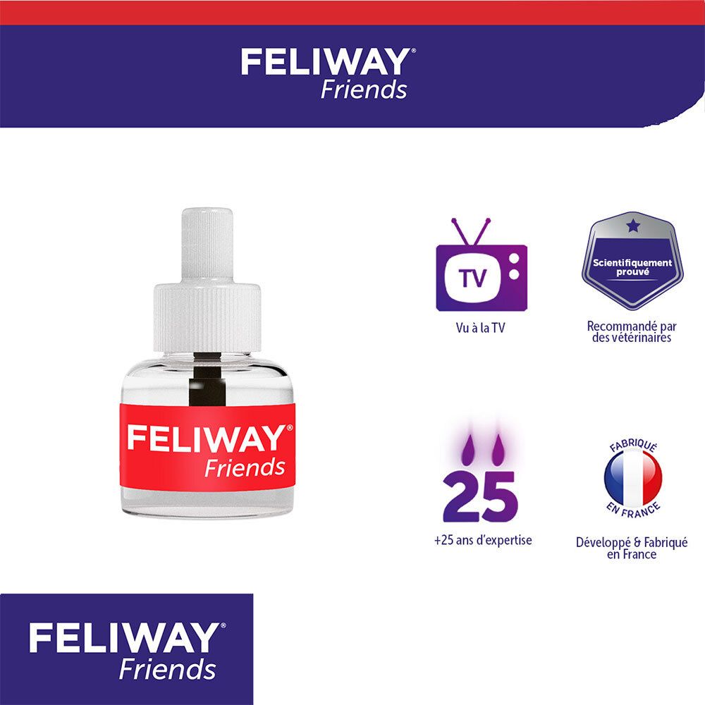 FELIWAY Friends Nachfüllflasche. Logo, Text: FELIWAY Friends. Logos: TV, Wissenschaftlich bewiesen, Veterinär empfohlen, Made in France.