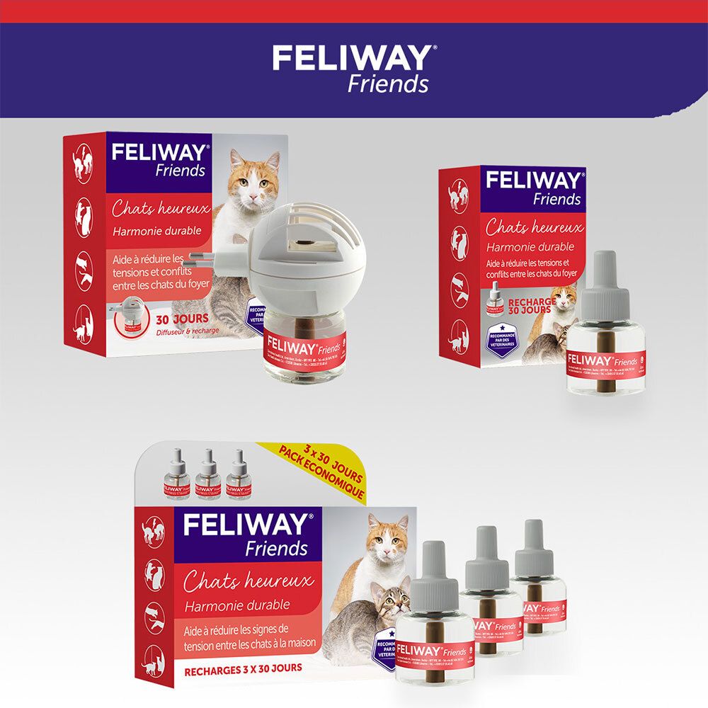 Produktverpackungen. Text: FELIWAY Friends. Text: Chats heureux, Recharge 30 jours. Mehrere Packungen.