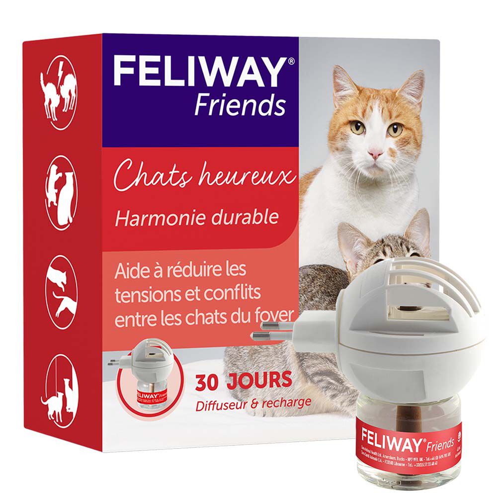 Produktverpackung mit Diffusor und Nachfüllung. Text: FELIWAY Friends, Chats heureux, Harmonie durable. 30 jours.
