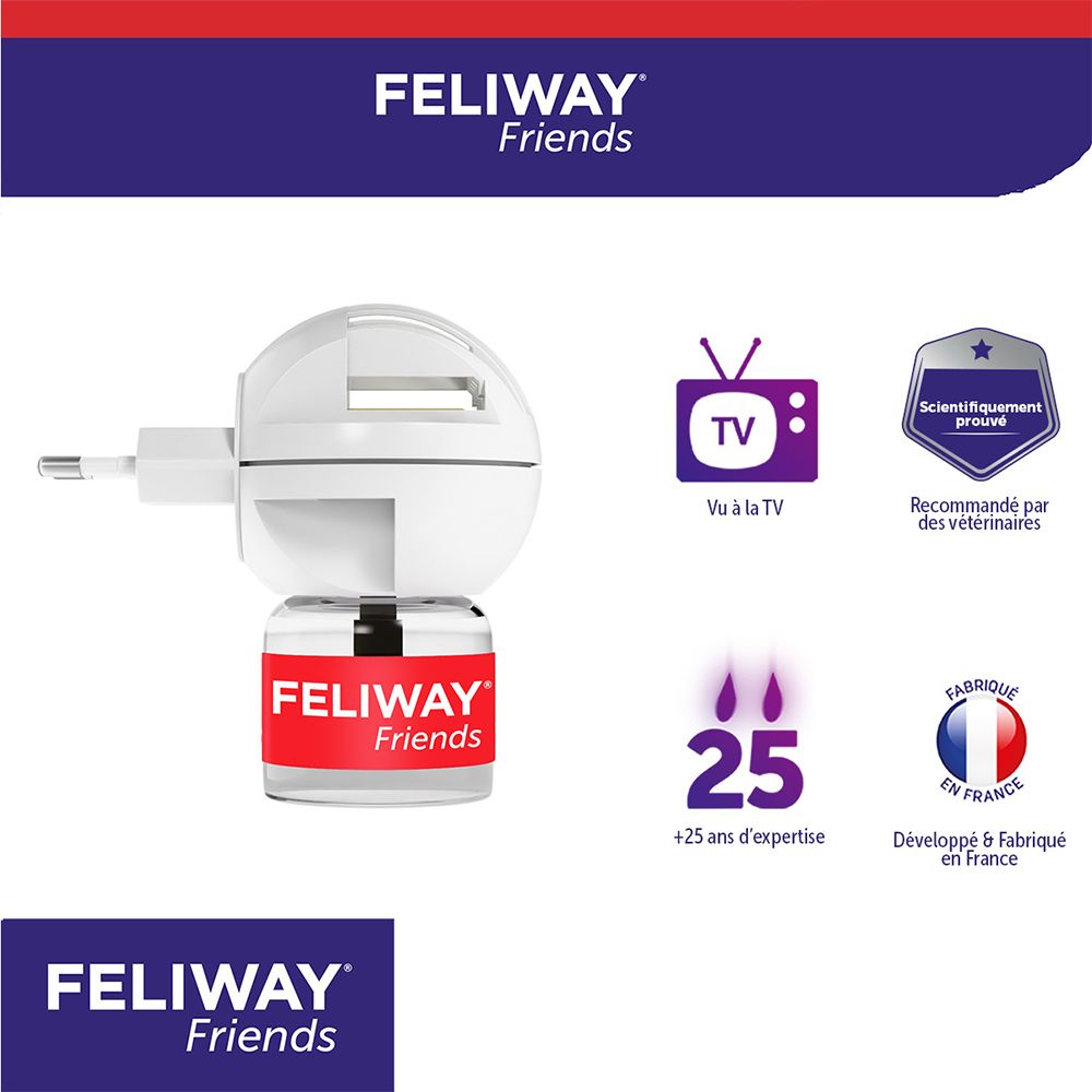 Weißer Diffusor mit roter Nachfüllung. Text: FELIWAY Friends. Logos: Vu à la TV, Scientifiquement prouvé, Fabriqué en France.