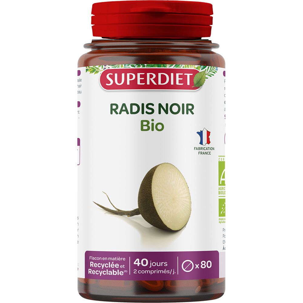 Braune Flasche mit rotem Deckel. Aufschrift: SUPERDIET, Radis Noir Bio. Abbildung: Schwarzer Rettich. 80 Tabletten.