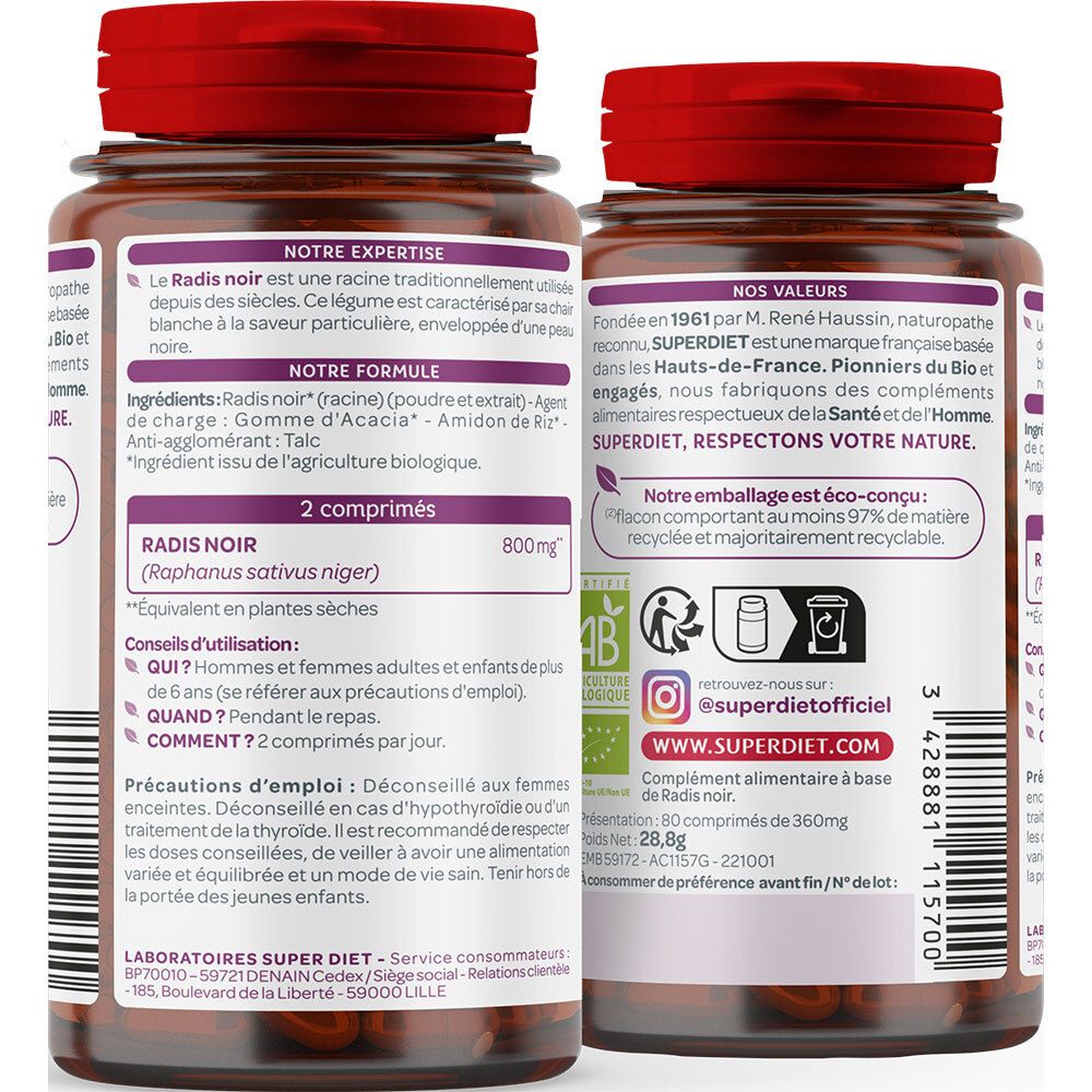 Rückseite der Flasche. Text: Radis Noir, Inhaltsstoffe, Anwendungshinweise. Öko-Verpackung. Social-Media-Icons.