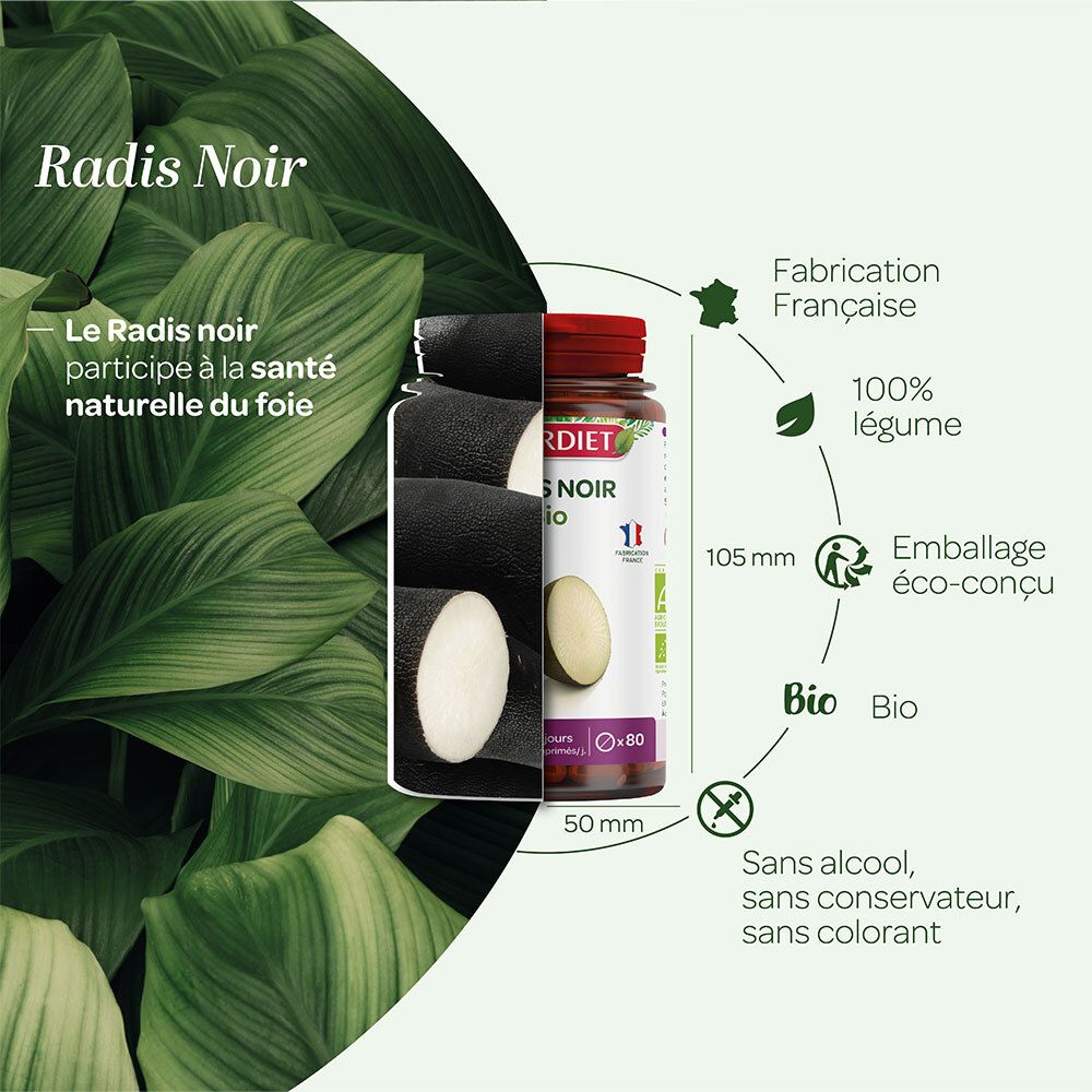 Grafik mit Flasche und schwarzem Rettich. Text: Radis Noir, Fabriqué en France, 100% Gemüse, Öko-Verpackung, Bio.