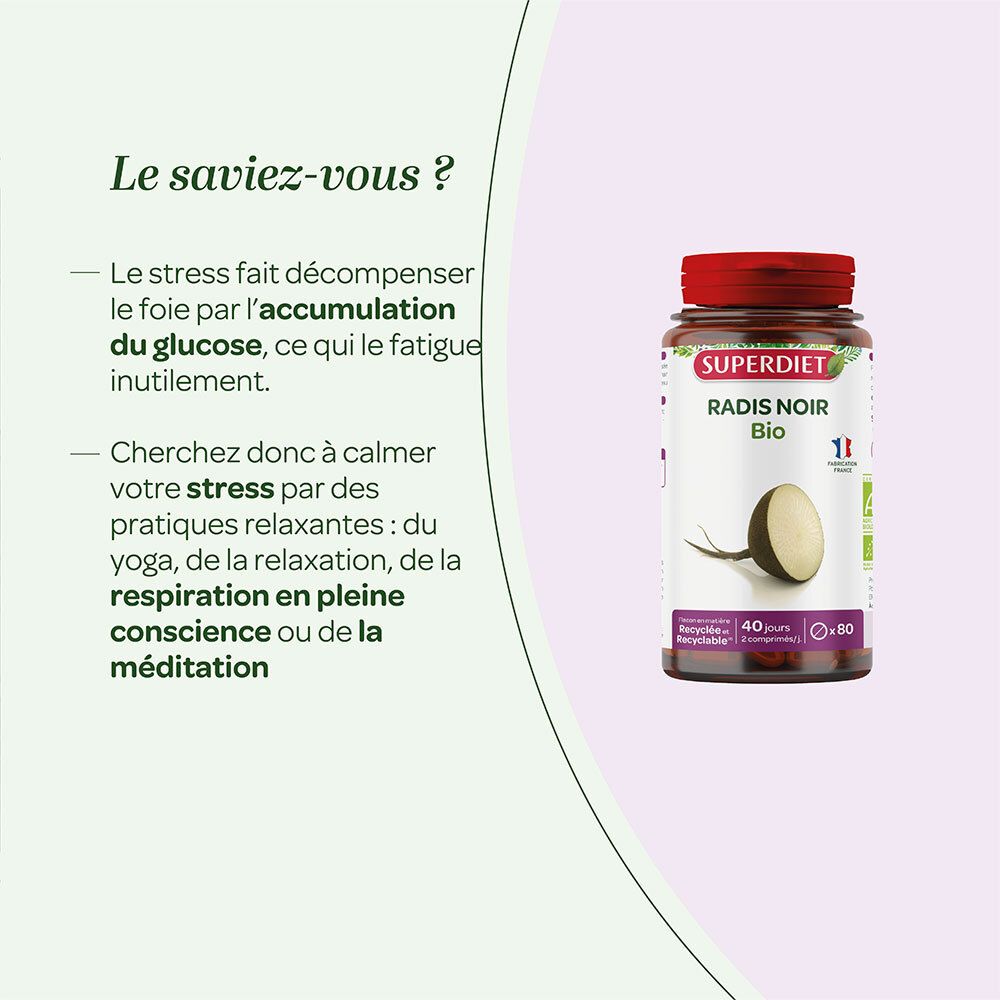 Text: Le saviez-vous? Stress kann Leber schaden. Empfehlung: Yoga, Entspannung, Meditation.