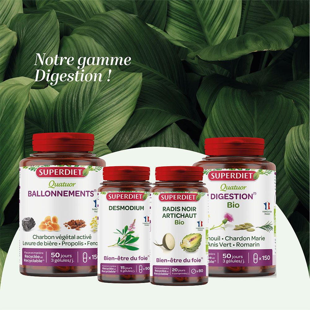 Vier Flaschen SUPERDIET-Produkte. Quatuor Ballonnements, Desmodium, Radis Noir Artichaut Bio, Digestion Bio.
