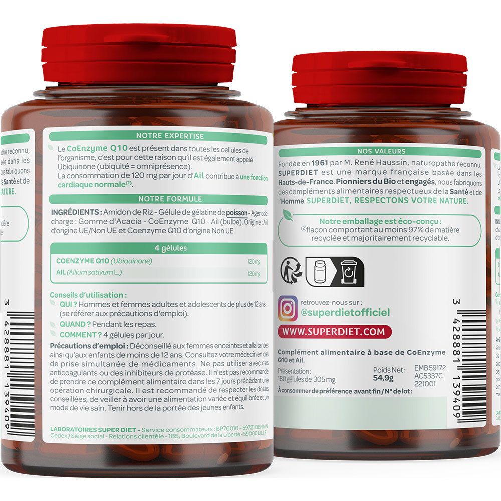 Rückseite der Flasche. Text über Inhaltsstoffe, Anwendung und Warnhinweise. Informationen zu SUPERDIET. QR-Code und Kontaktinformationen.
