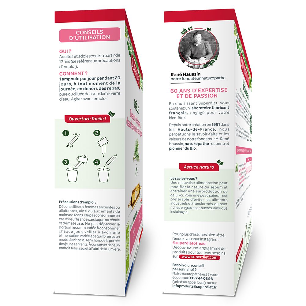 Vue latérale de l'emballage SUPERDIET Prêle. Texte : Conseils d'utilisation, ouverture facile. Informations pour adultes et adolescents.