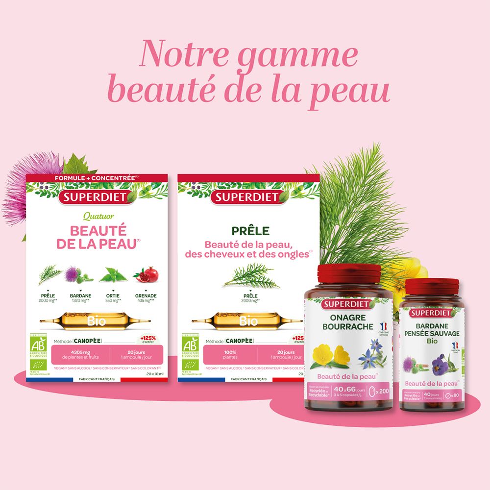 Gamme de produits pour la beauté de la peau. Produits SUPERDIET : Quatuor Beauté de la Peau, Prêle, Onagre Bourrache, Pensée Sauvage Bio.