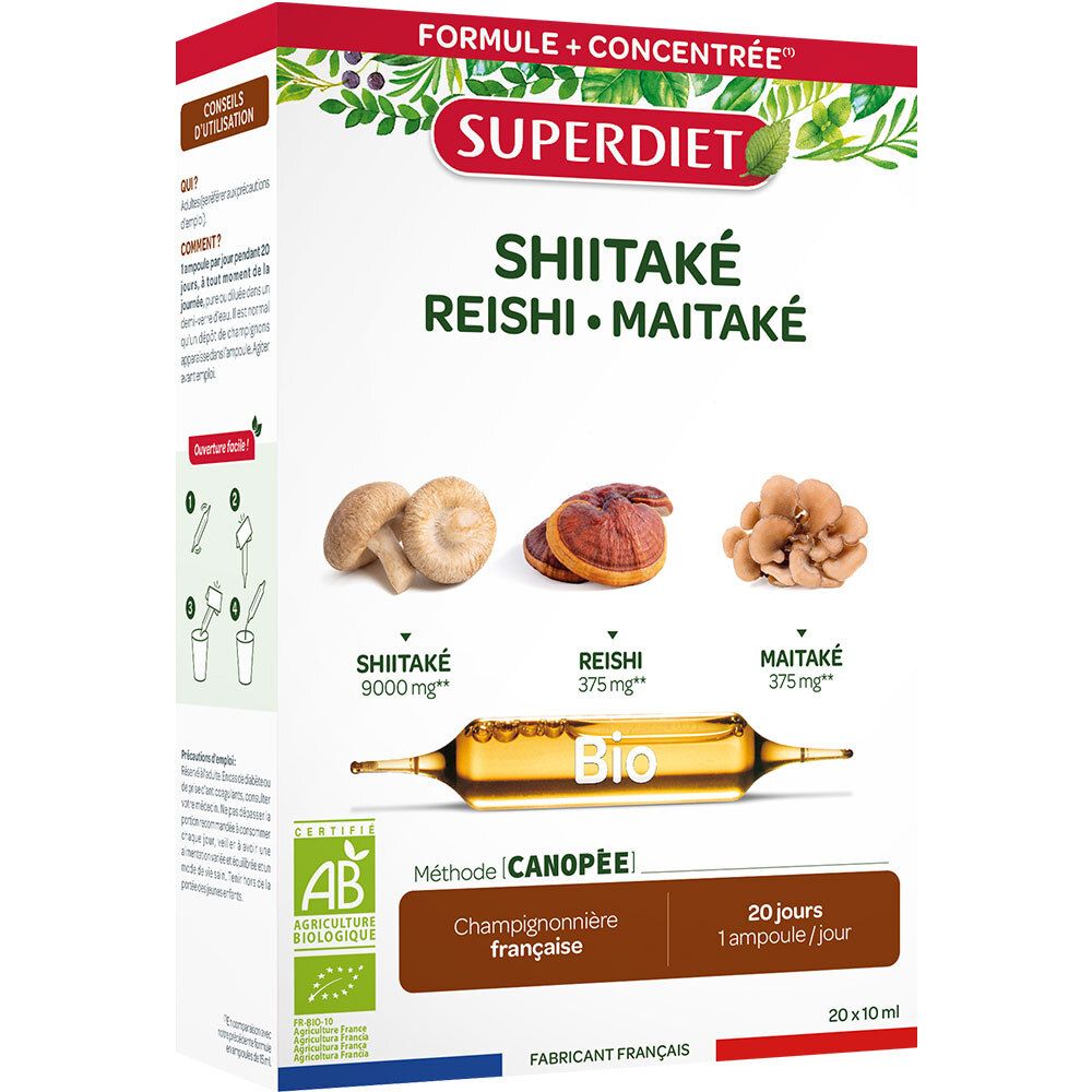 Verpackung von SUPERDIET Shiitake Reishi Maitake Bio. Enthält Ampullen. Mit Bio-Zertifizierung und französischem Ursprung.