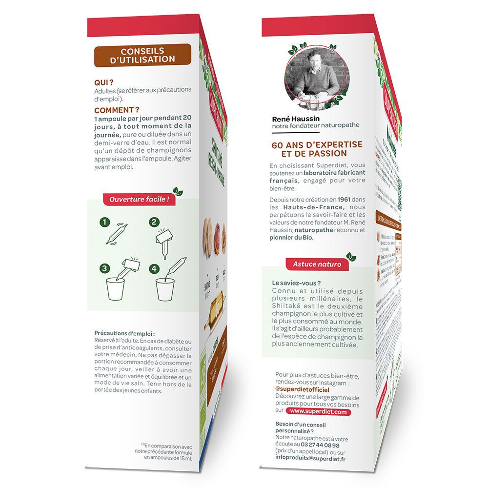 Seitenansicht der SUPERDIET Shiitake Reishi Maitake Bio Verpackung. Anweisungen zur Anwendung und Informationen.