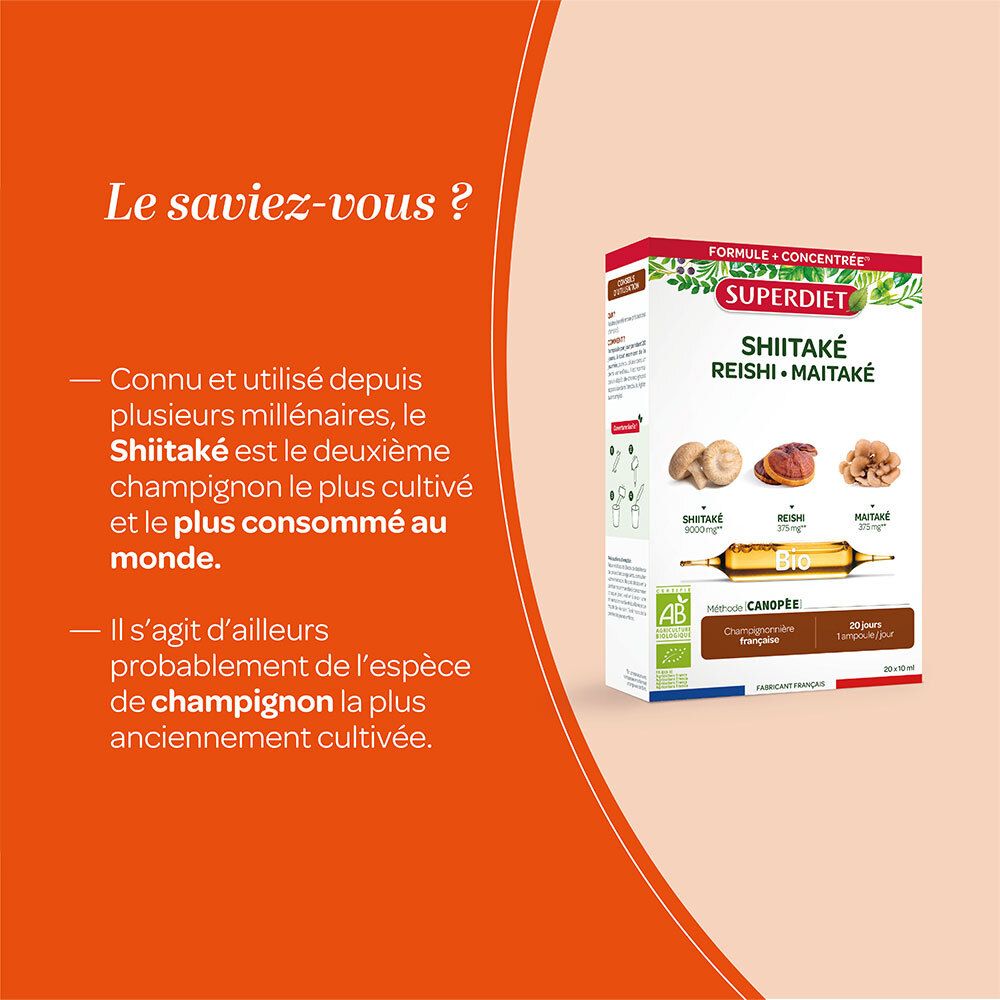 Werbung für SUPERDIET Shiitake Reishi Maitake Bio. Text über Shiitake-Pilze und deren Verwendung.