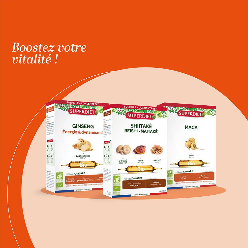 Werbung für SUPERDIET Produkte. Drei Produktverpackungen: Ginseng, Shiitake Reishi Maitake, Maca.