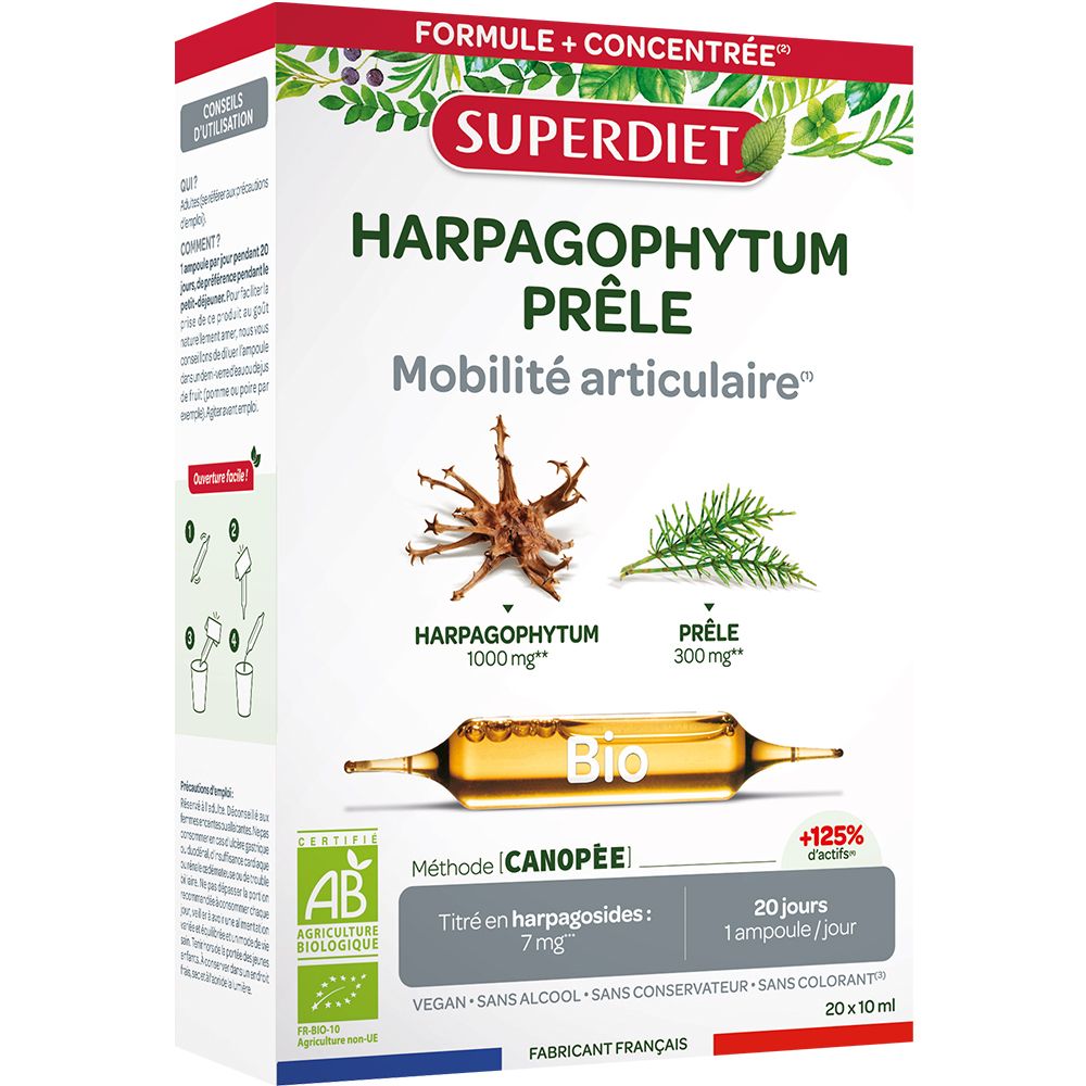 Boîte de PRÊLE - HARPAGOPHYTUM BIO. 20 ampoules de 15ml. Label AB. Ingrédients et informations nutritionnelles.