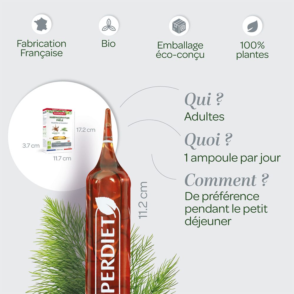 Ampoule et emballage. Dimensions. Texte: SUPERDIET. Informations d'utilisation. Certification Bio.