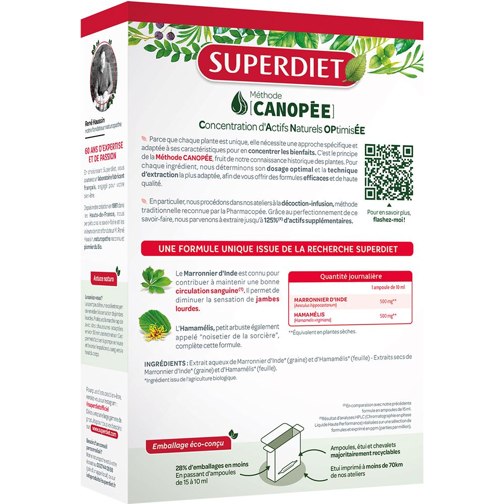 Dos de la boîte SUPERDIET Marronnier d'Inde Hamamélis Bio. Texte en français. Contient des informations et un QR code.