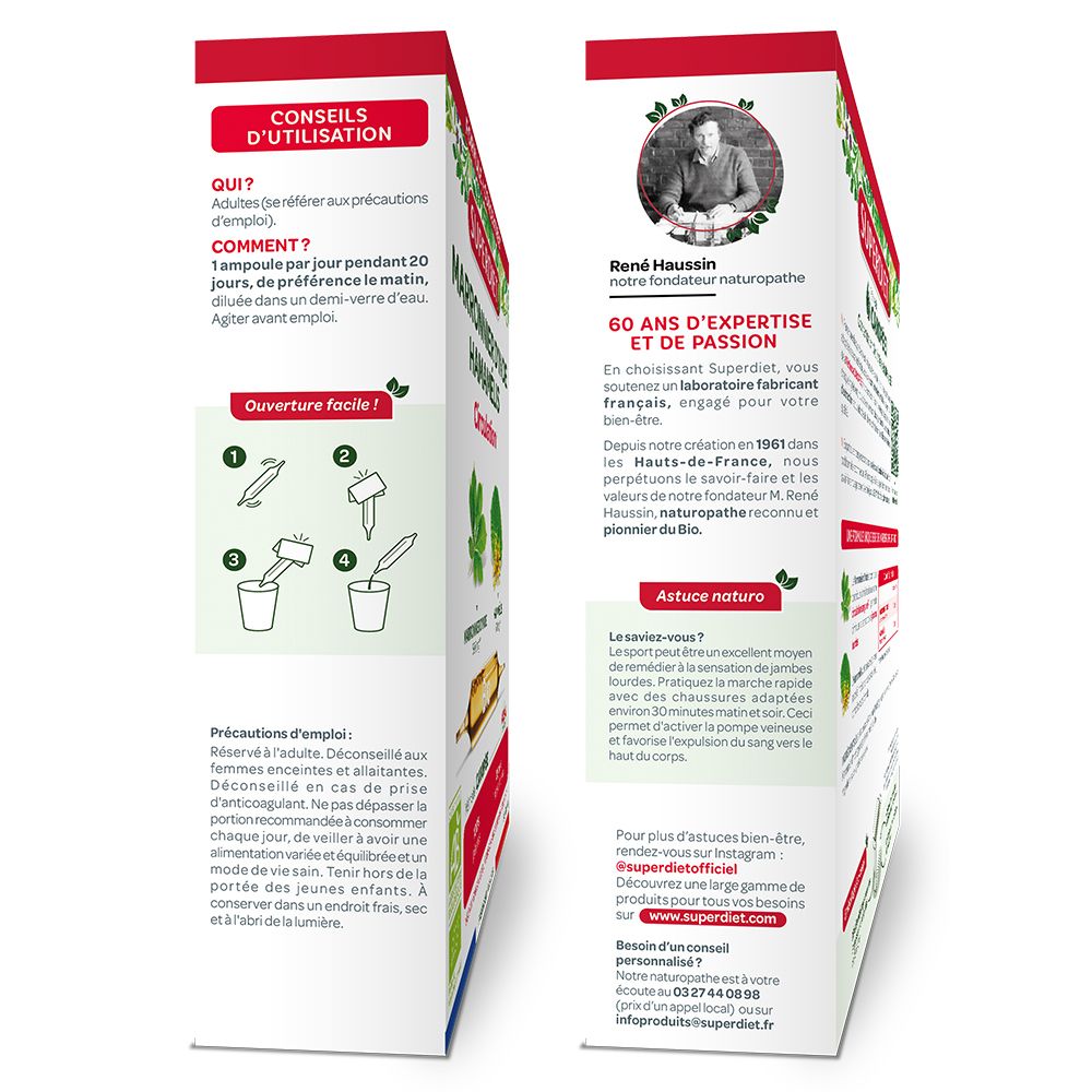 Vue latérale de la boîte SUPERDIET Marronnier d'Inde Hamamélis Bio. Texte en français. Conseils d'utilisation.