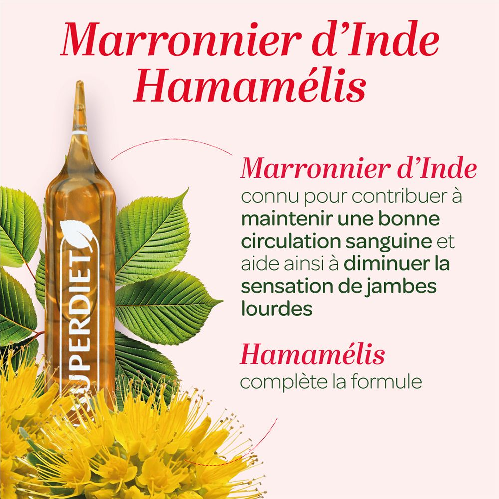 Ampoule de SUPERDIET Marronnier d'Inde Hamamélis. Texte en français. Avec feuilles et fleurs.