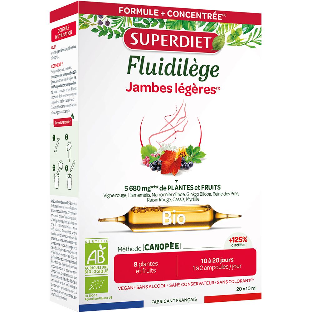 Boîte Superdiet Fluidilège. Ampoules incluses. Certification Bio. 8 plantes et fruits. Vegan. Sans alcool, conservateur, colorant.
