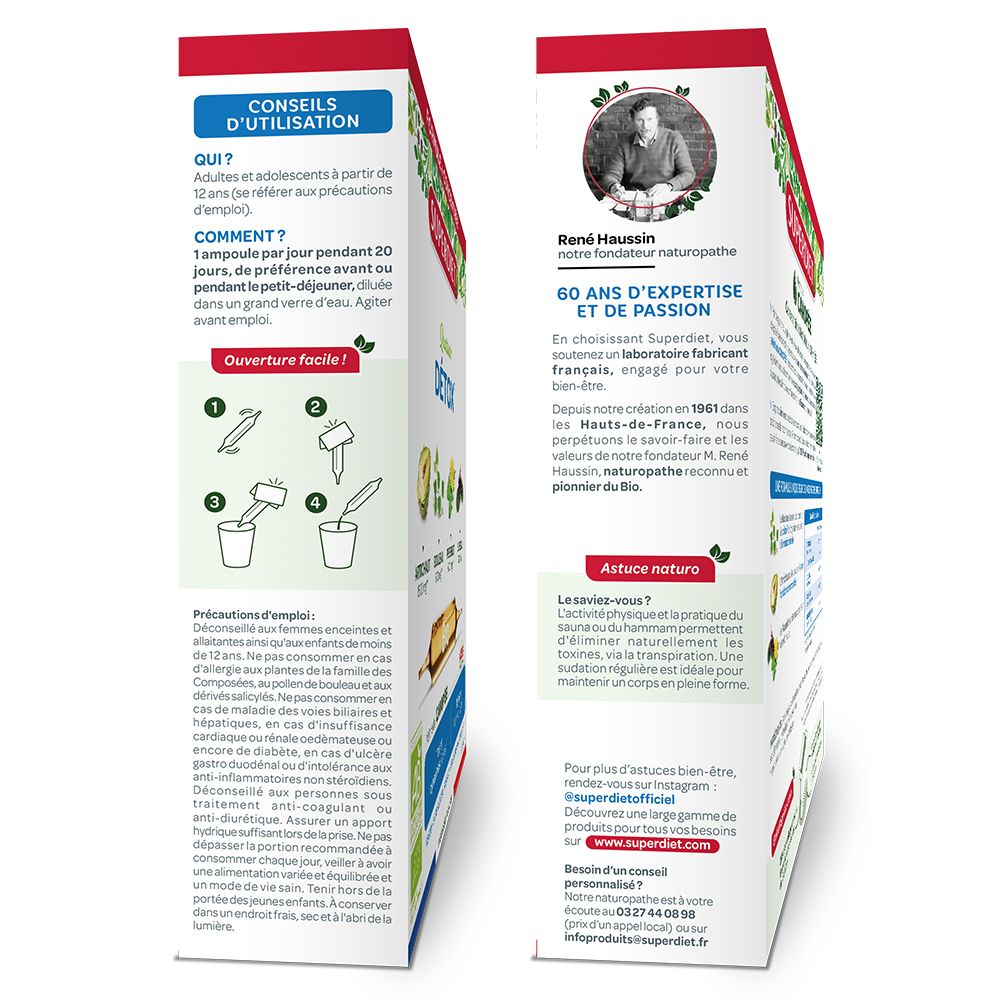 Vue latérale de la boîte Superdiet Quatuor Détox. Informations sur l'utilisation et les précautions.