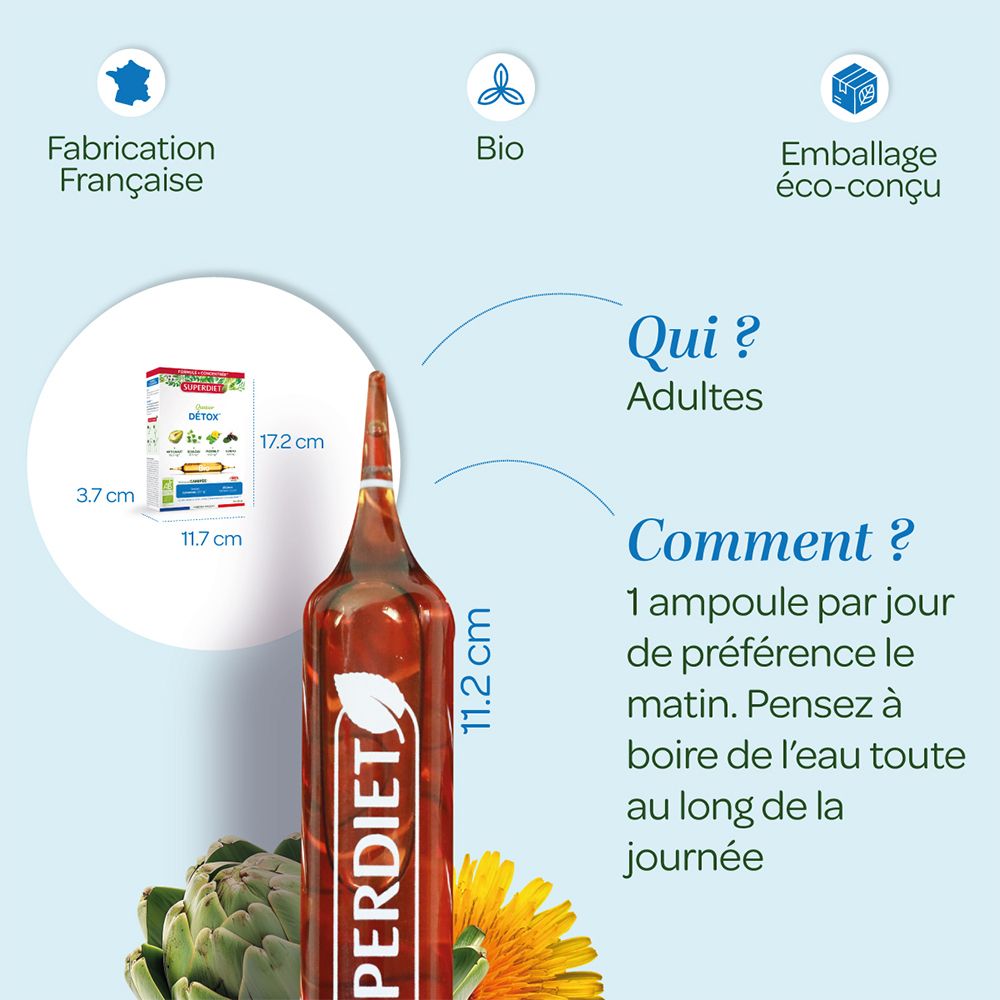 Ampoule Superdiet avec logo et Quatuor Détox. Dimensions et informations d'utilisation : 1 ampoule par jour.
