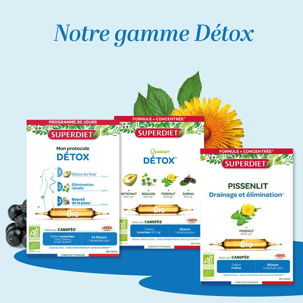 Différents produits Superdiet Détox. Contient Quatuor Détox, avec diverses plantes et certification Bio.