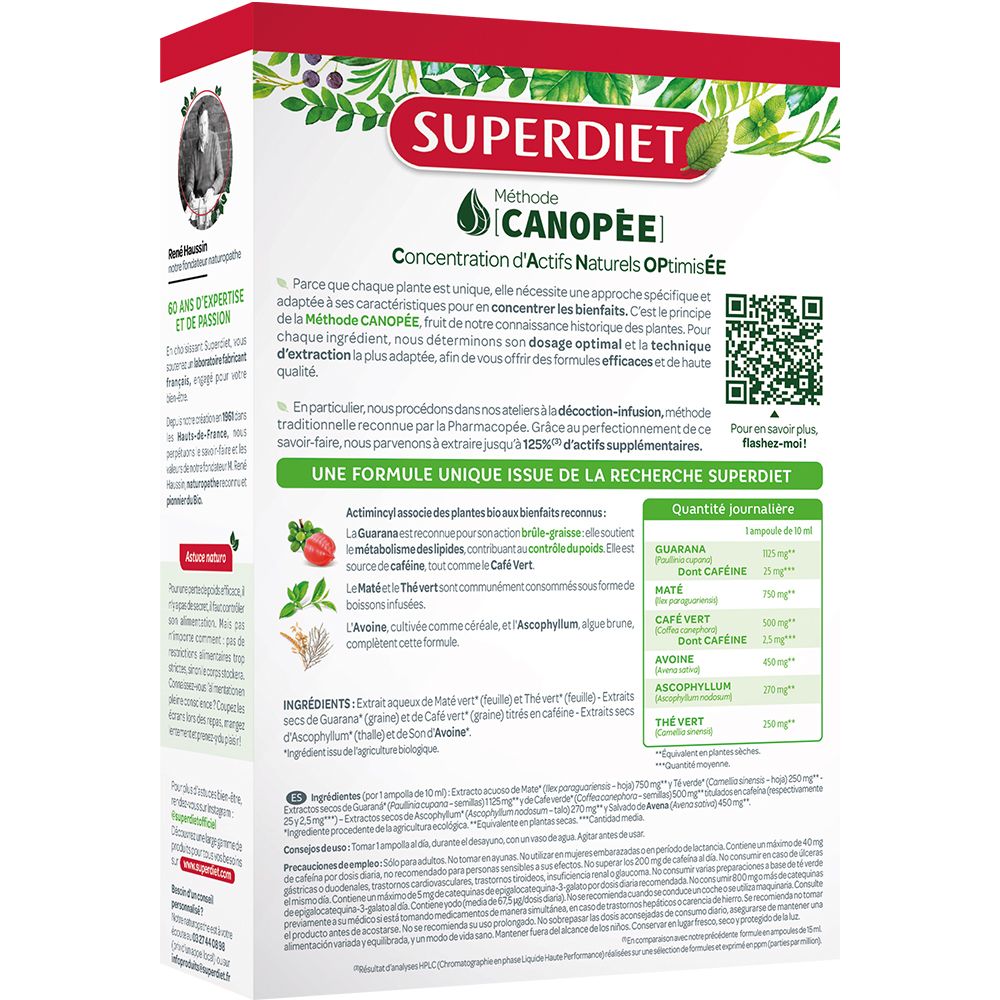 Rückseite der Actimincyl Bio-Verpackung. Enthält Informationen über Inhaltsstoffe und die Methode Canopée. QR-Code.