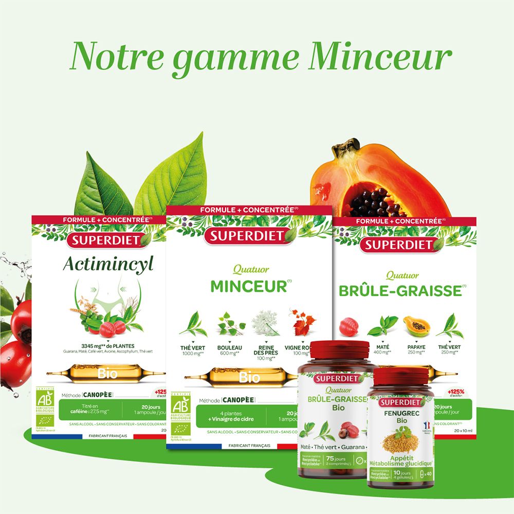 Verschiedene SUPERDIET Produkte. Actimincyl, Minceur, Brûle-Graisse und Fenugrec. Bio-Zertifizierung.