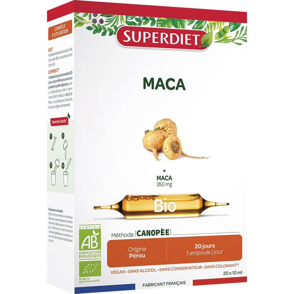 Schachtel mit Superdiet Maca. Enthält Ampullen und Bio-Zertifizierung. Vegan, ohne Alkohol, Konservierungs- und Farbstoffe.