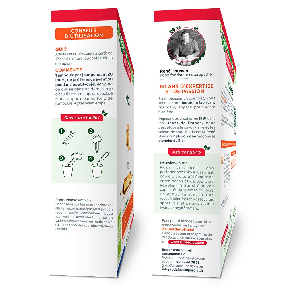 Seitenansicht der Superdiet Maca-Schachtel. Enthält Informationen zur Anwendung und den Inhaltsstoffen.