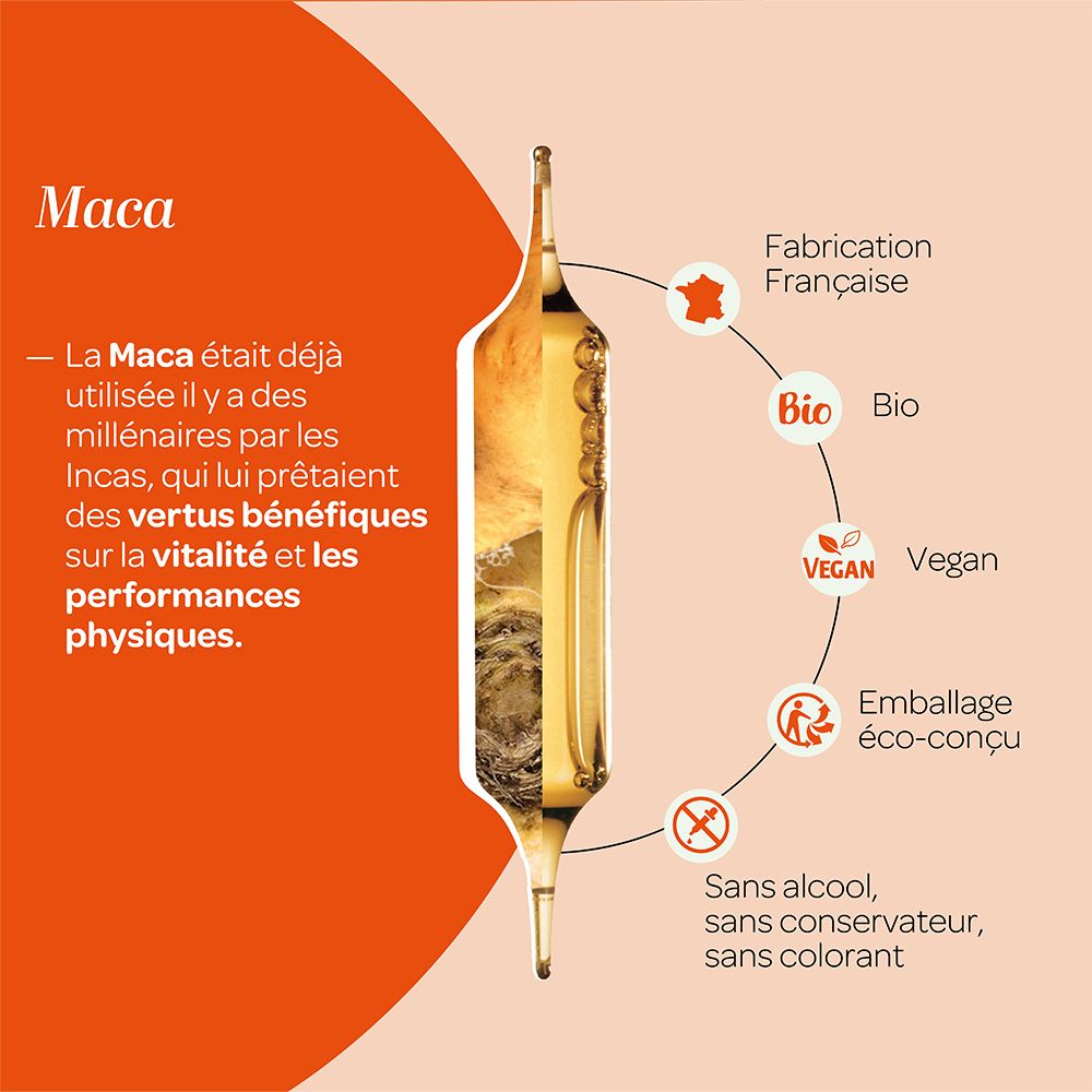 Maca-Ampulle mit Informationen zu Bio, Vegan, ohne Alkohol, Konservierungs- und Farbstoffe. Französische Herstellung.