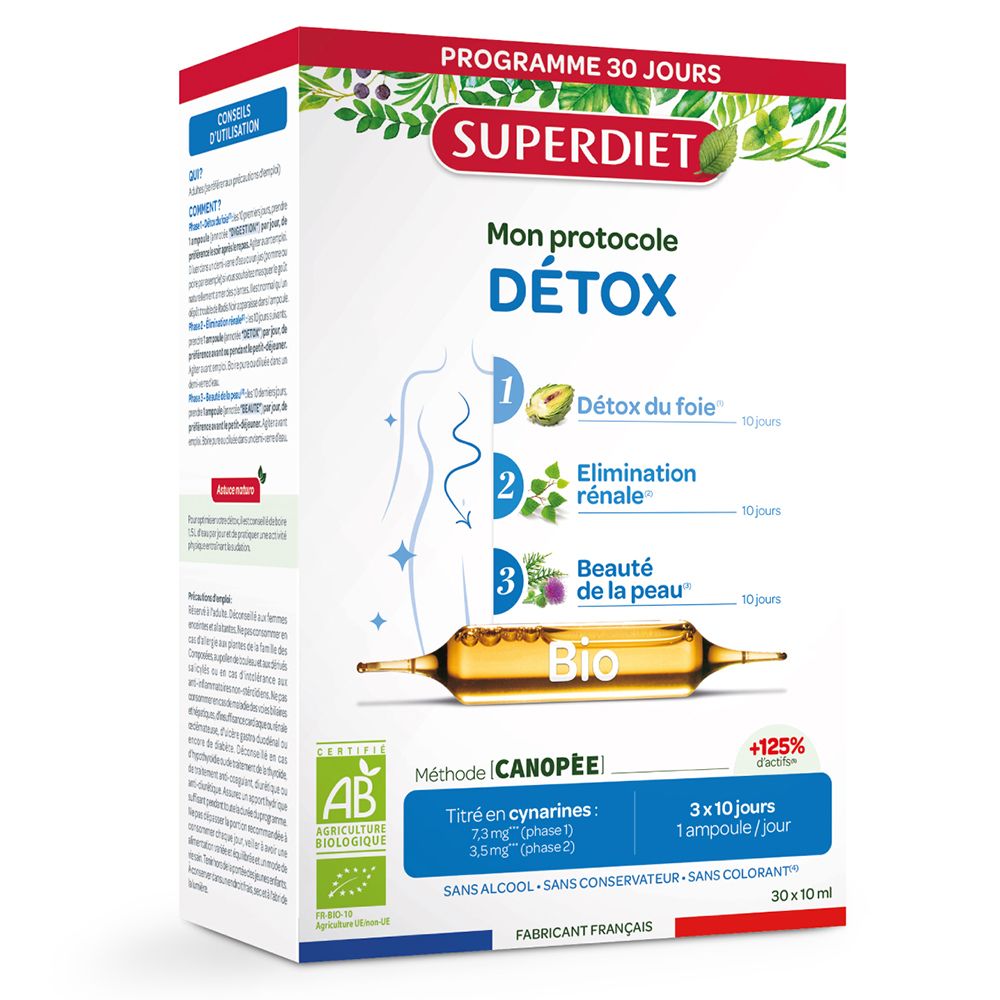 Schachtel mit Superdiet Bio-Detox-Protokoll. 30 Tage Programm. Ampullen-Packung mit 30 x 10 ml. AB-Bio-Zertifizierung.