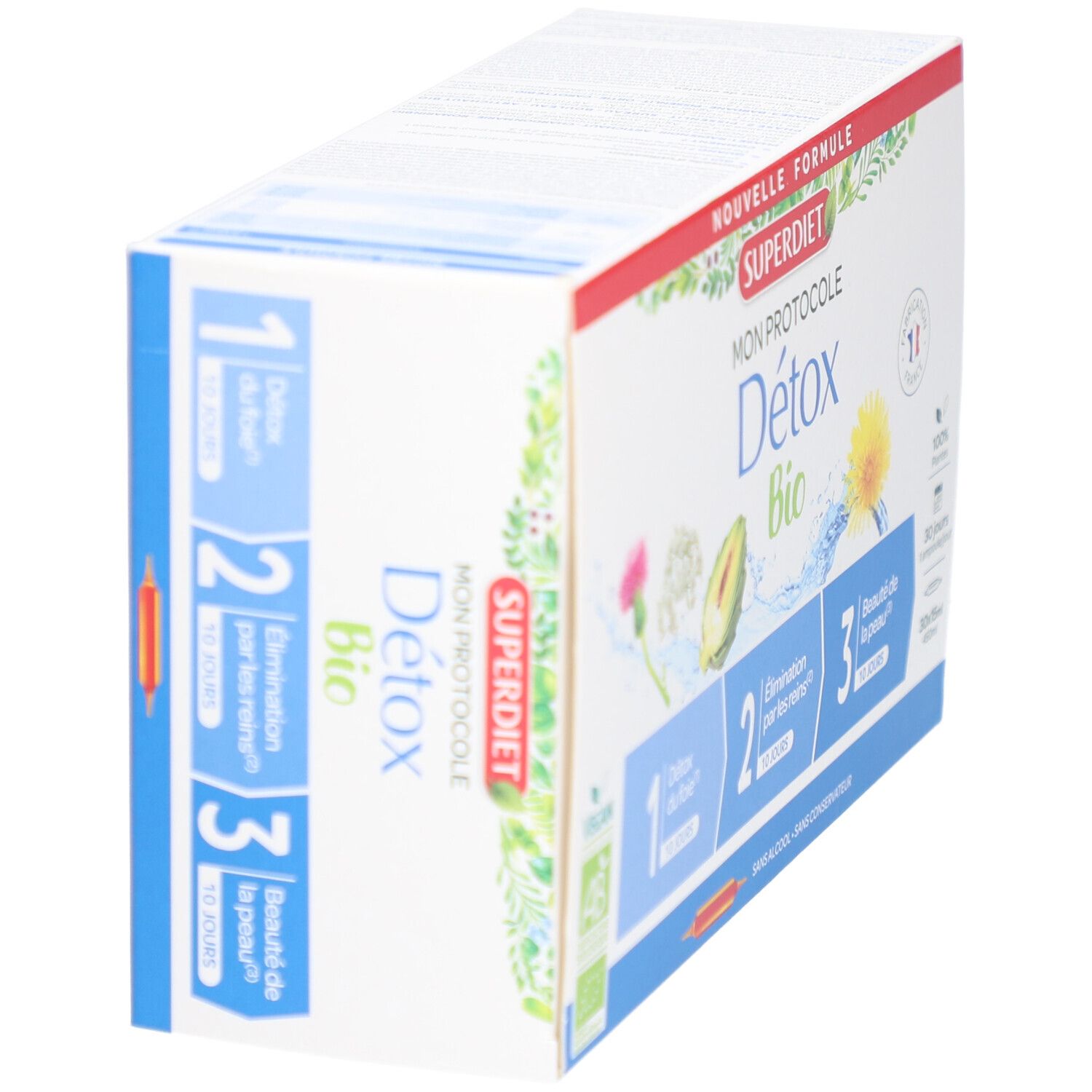 Schrägansicht der Produktverpackung. Aufschrift: Superdiet, Mon Protocole Détox Bio. 3 Schritte, vegan.