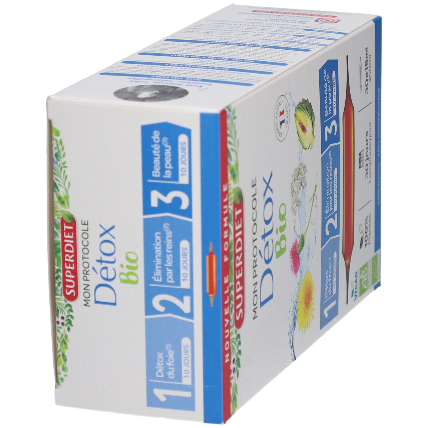 Schrägansicht der Produktverpackung. Aufschrift: Superdiet, Mon Protocole Détox Bio. 3 Schritte, vegan.