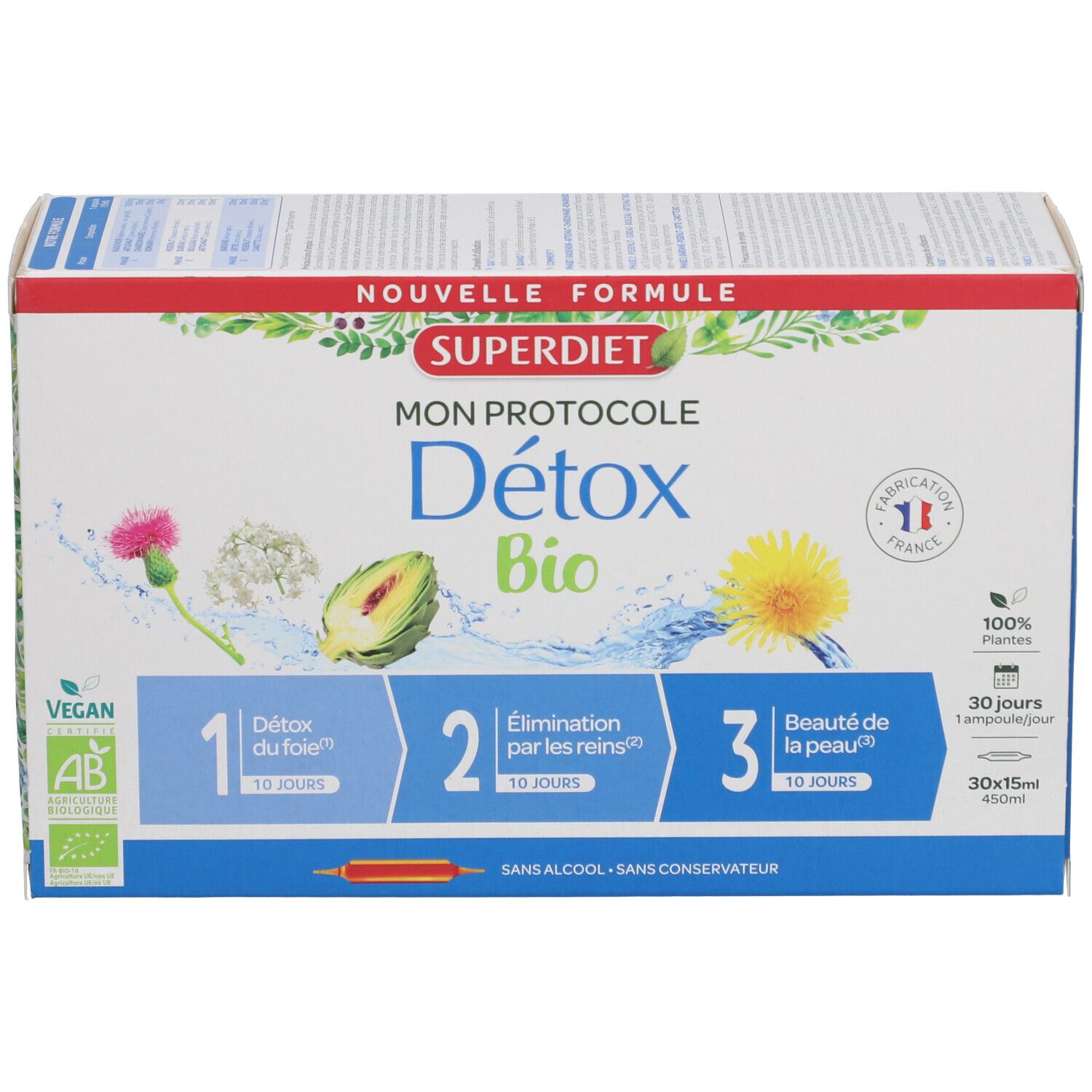 Produktverpackung mit Aufdruck: Superdiet, Mon Protocole Détox Bio. 3 Schritte, vegan. Bio-Siegel.