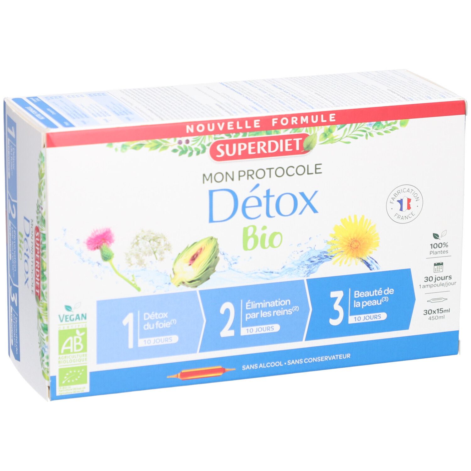 Produktverpackung mit Aufdruck: Superdiet, Mon Protocole Détox Bio. 3 Schritte, vegan. Bio-Siegel.