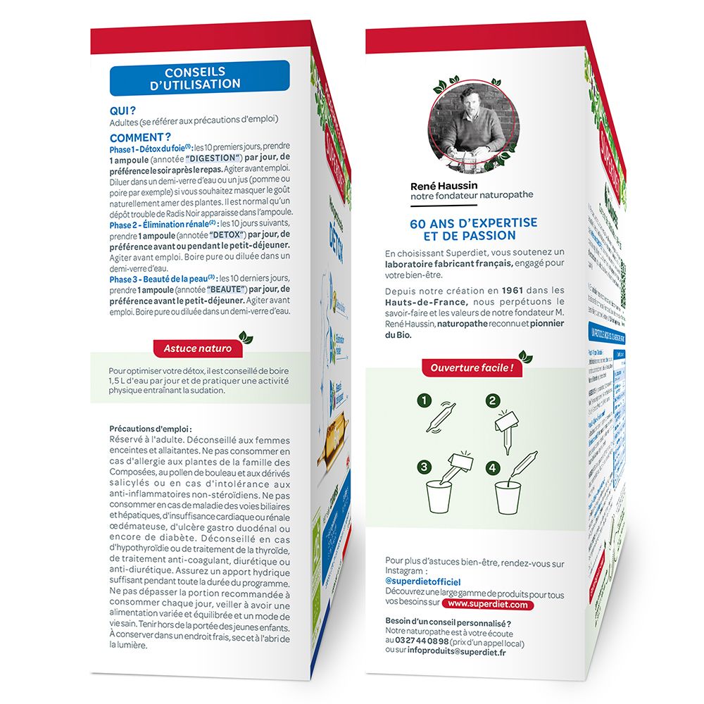 Seitenansicht der Superdiet Bio-Detox-Protokoll-Verpackung. Anwendungshinweise. René Haussin, Experte.