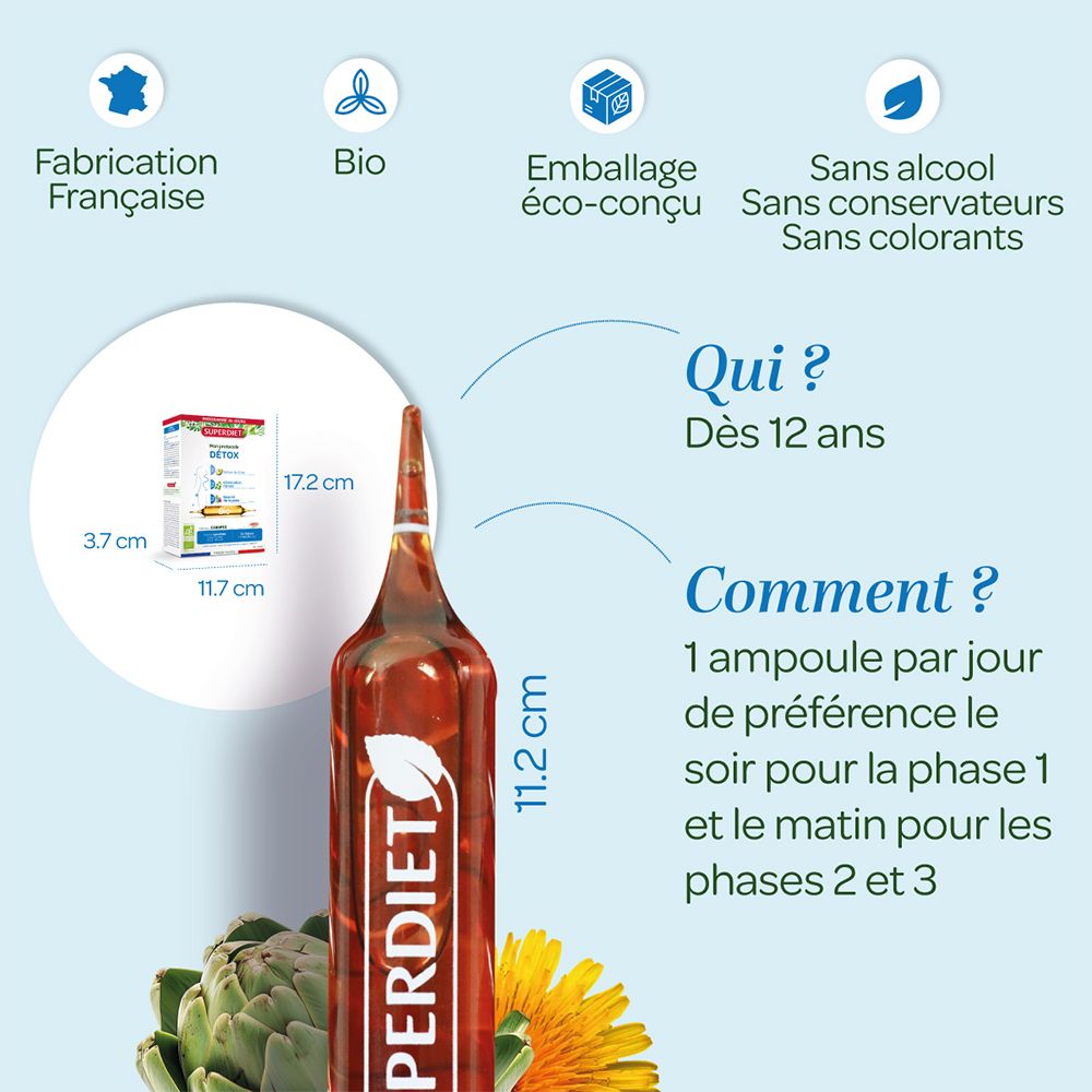 Ampulle Superdiet Bio-Detox-Protokoll. Maße: 11,2 cm hoch, 3,7 cm breit, 17,2 cm hoch. Ab 12 Jahren.