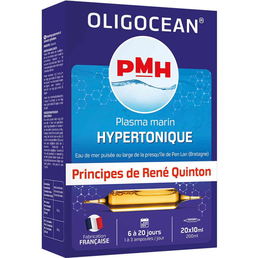 Blau-weiße Schachtel mit Produkt OLIGOCÉAN. Enthält Ampullen. Text: PMH Plasma marin Hypertonique, 20x10ml.