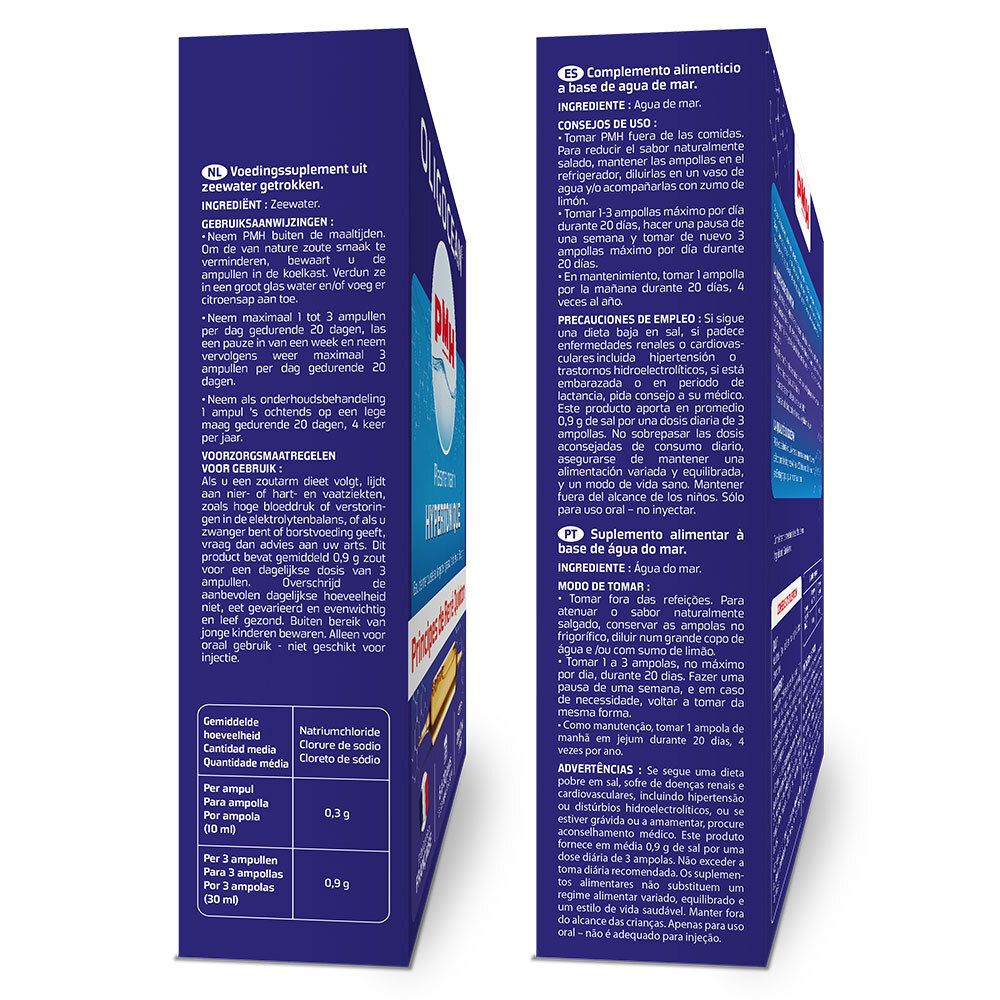 Seitenansicht der OLIGOCÉAN-Box. Text in Niederländisch und Spanisch. Informationen zu Inhaltsstoffen und Dosierung.