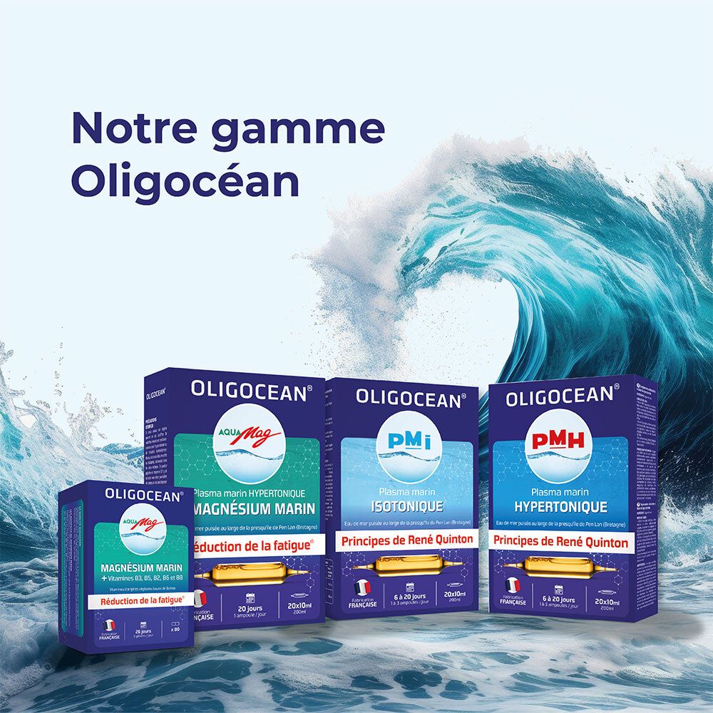 Verschiedene OLIGOCÉAN-Produkte. Boxen mit unterschiedlichen Farben und Texten. AquaMag, PMi, PMH.