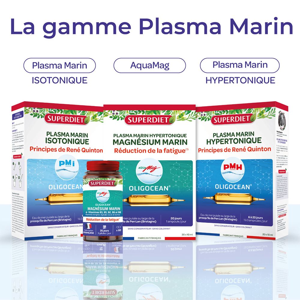 Plusieurs boîtes. SUPERDIET Plasma Marin Isotonique, AquaMag, Hypertonique. Fond d'ondes.