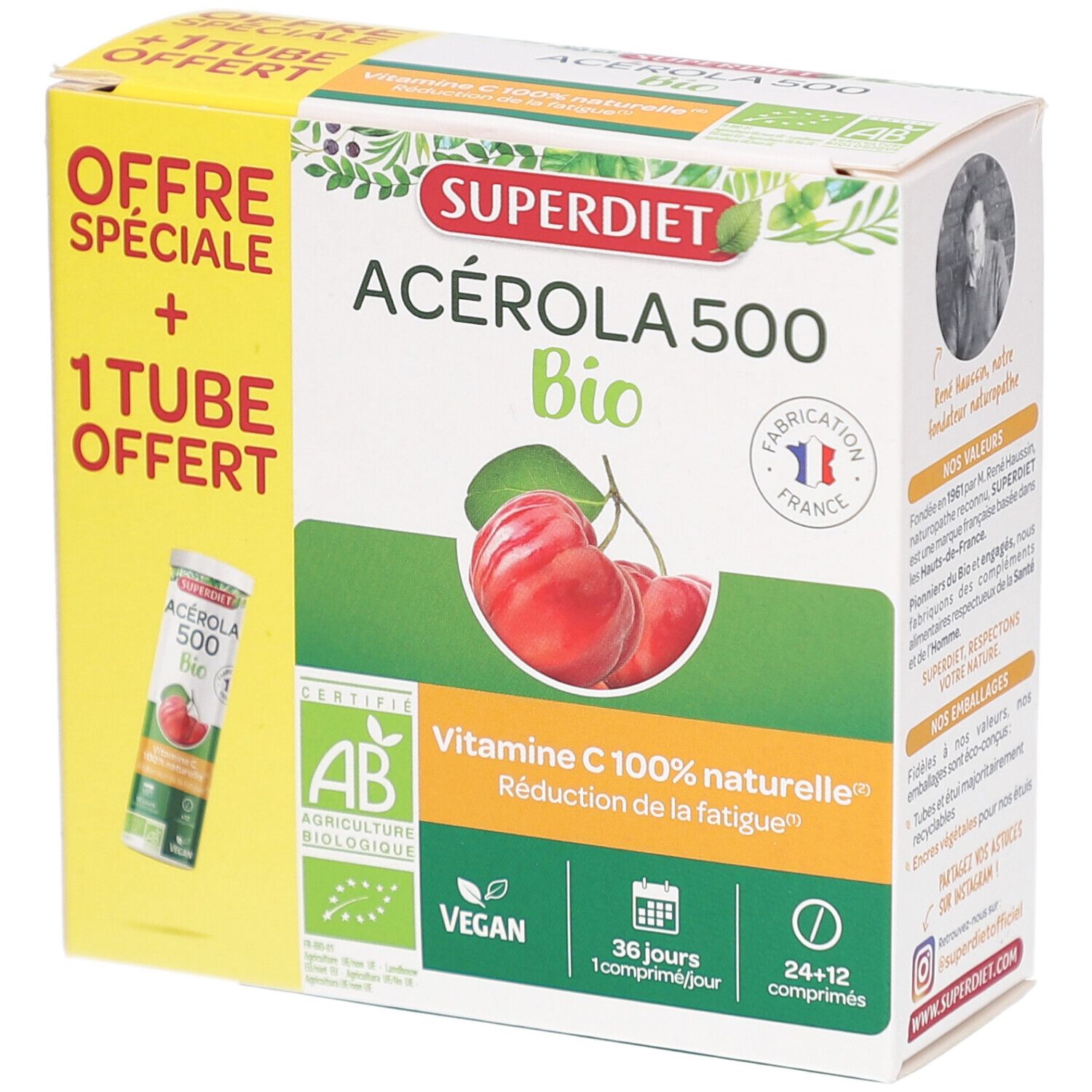 Verpackung von Superdiet Acérola 500 Bio. Enthält eine Tube. Aufdrucke: AB-Zertifizierung, Vegan, 36 Tage, Vitamin C.